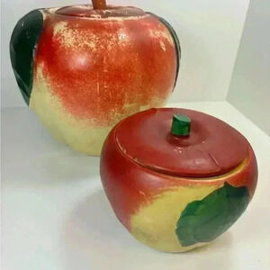 Set of 2 1940s Hull Pottery Blushing Apple canisters: 8”  and 5” with lids